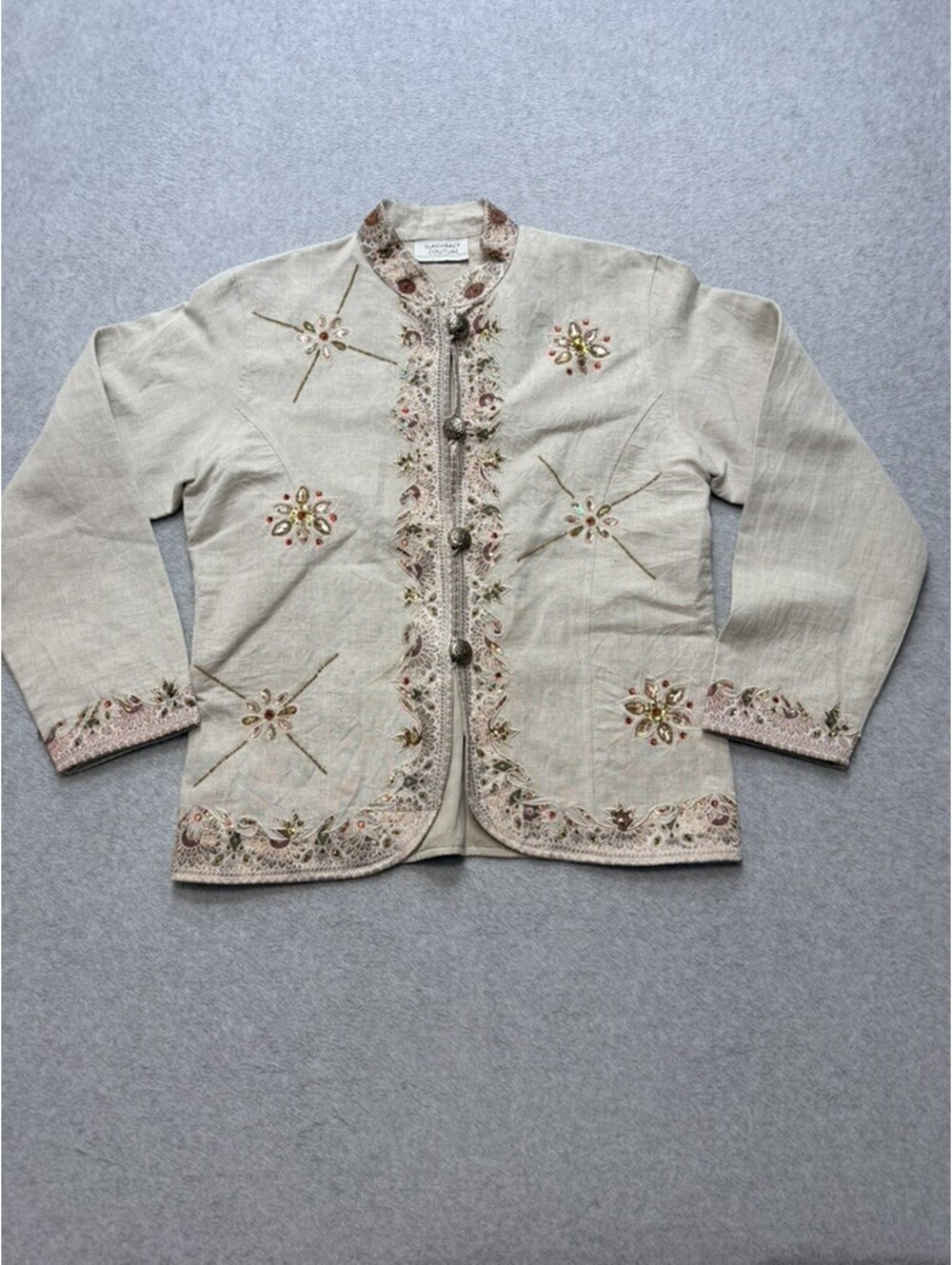 FLASHBACK COUTURE Womens Embroidered Beaded Jacket Beige‎ Multicolor Mandarin